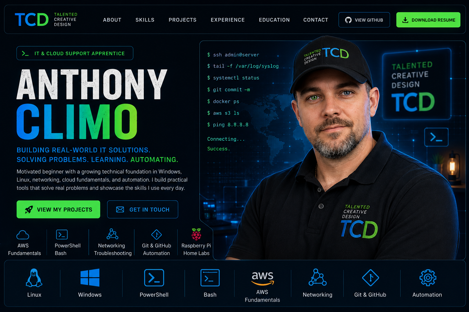 Anthony Climo wearing Talented Creative Design TCD branded clothing in a technology workspace