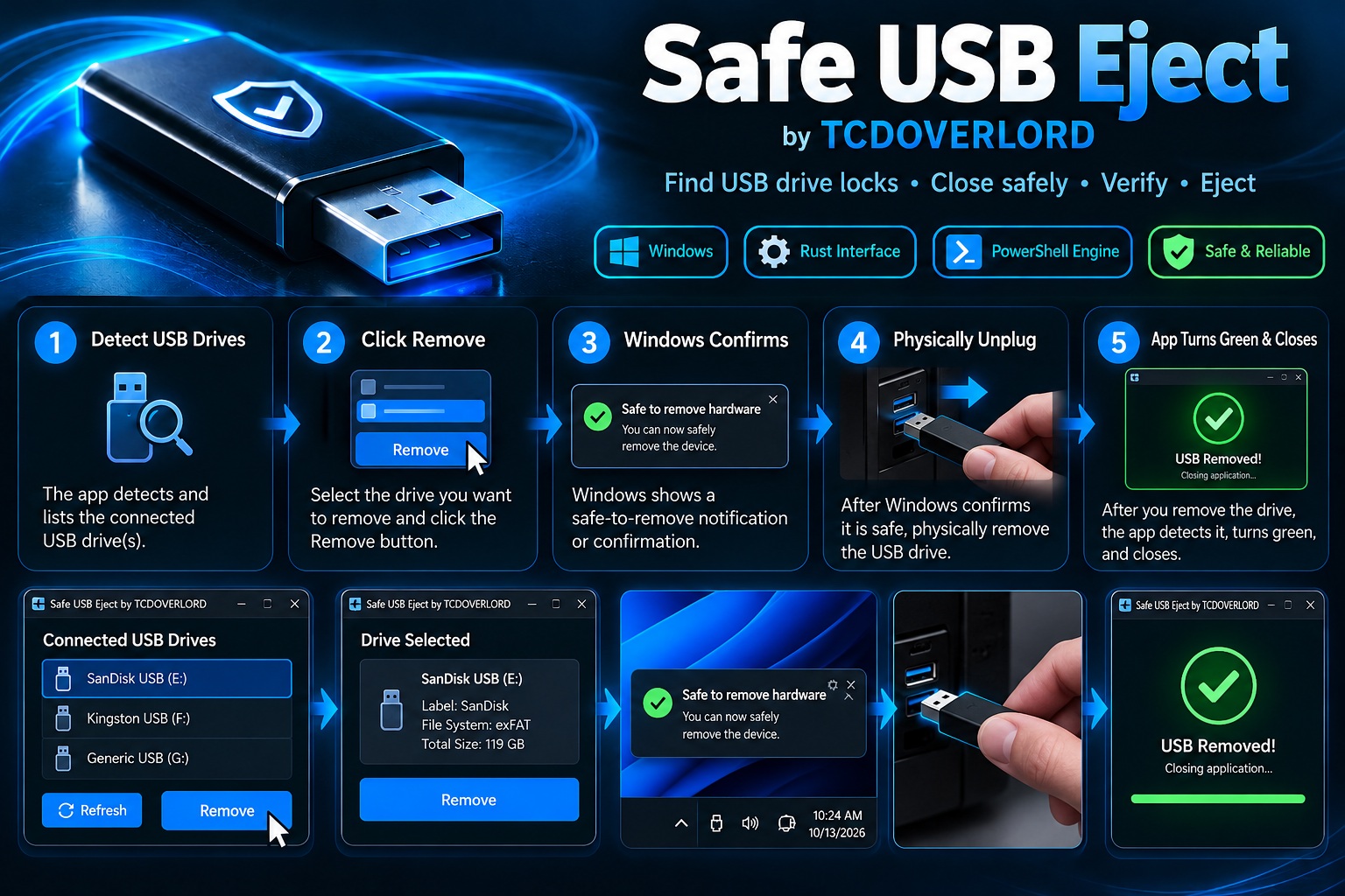 Safe USB Eject workflow guide: detect USB drives, select a drive, close and verify, eject safely, and confirm completion